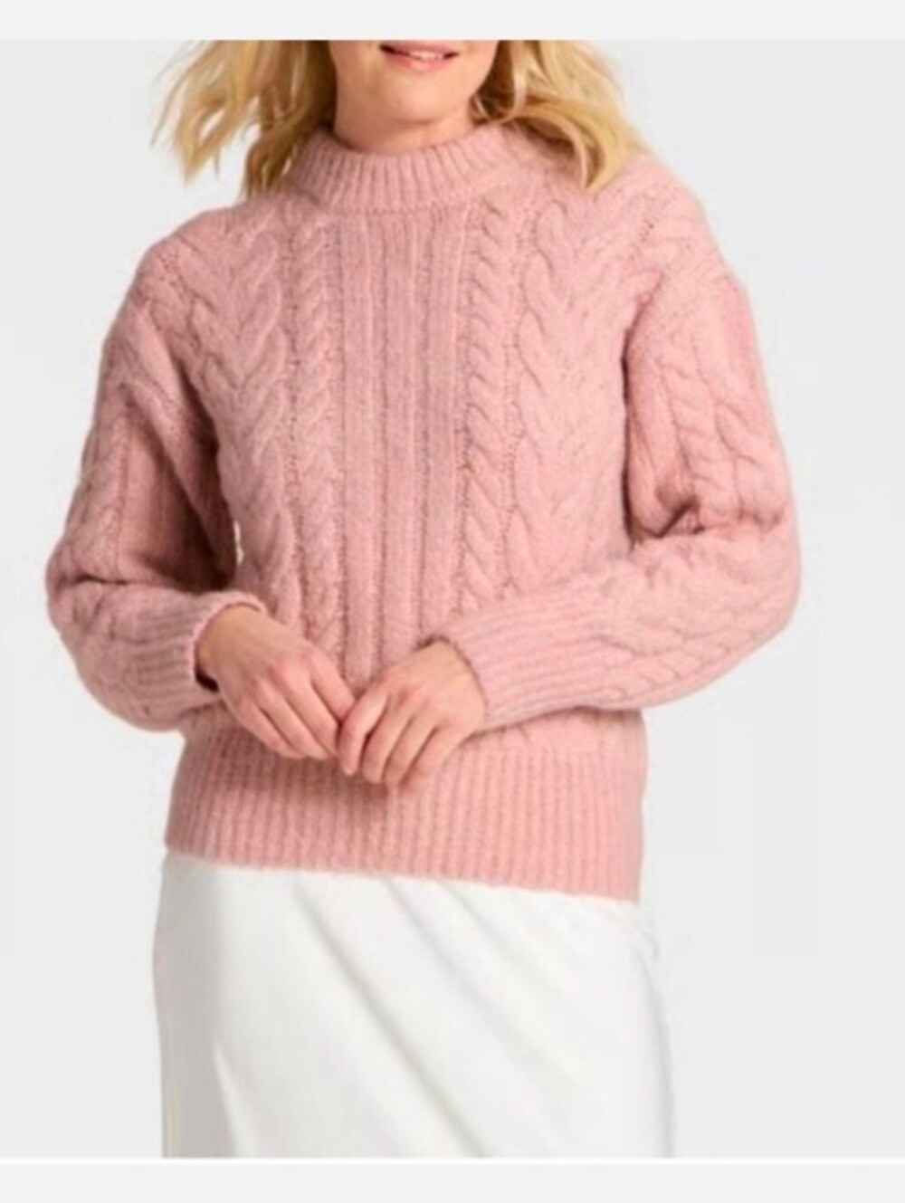 A New Day Women's Round Neck Pullover Cable Knit Sweater, Pink, Size S